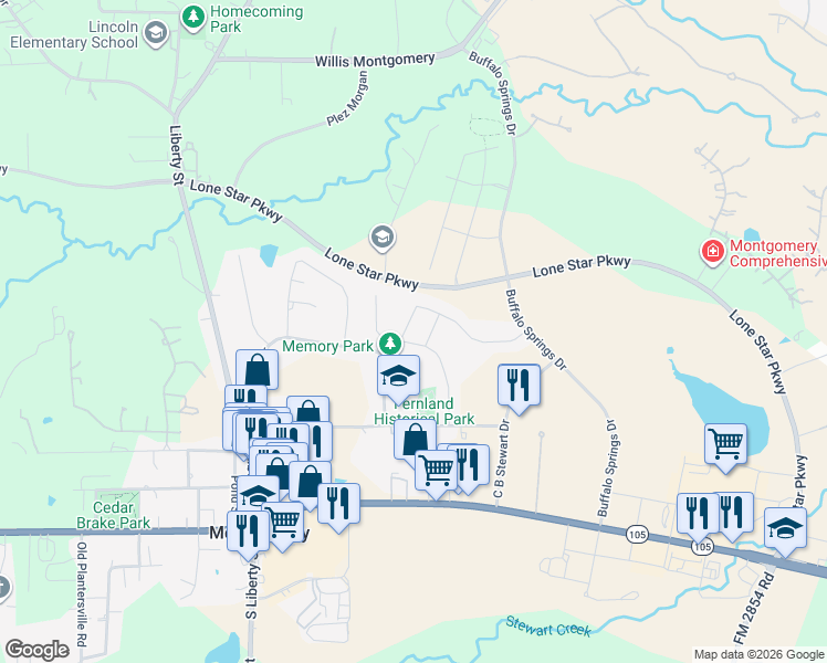 map of restaurants, bars, coffee shops, grocery stores, and more near 164 Racetrack Lane in Montgomery