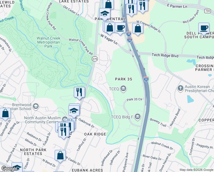 map of restaurants, bars, coffee shops, grocery stores, and more near 12101 North Lamar Boulevard in Austin