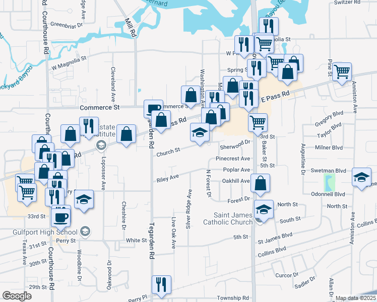 map of restaurants, bars, coffee shops, grocery stores, and more near 1001 Church Street in Gulfport