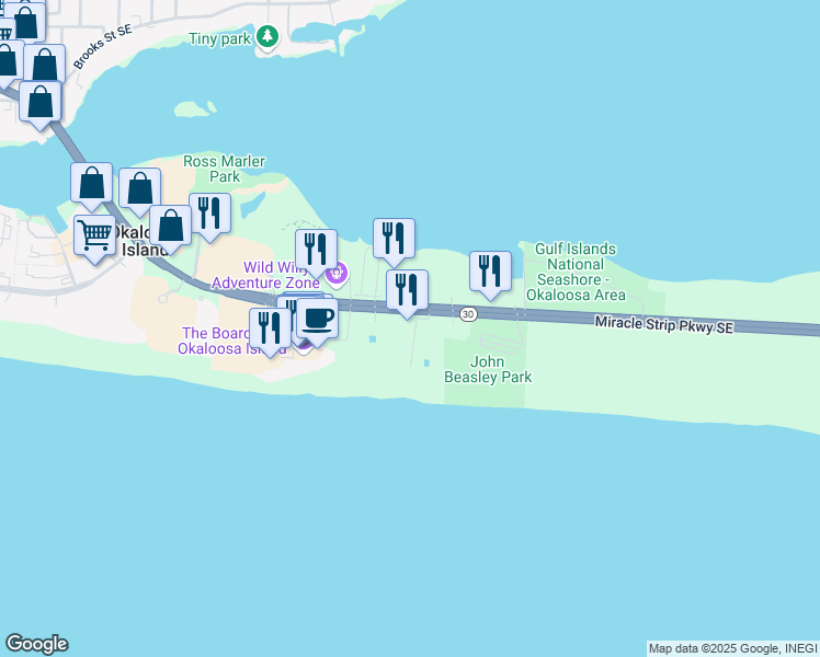 map of restaurants, bars, coffee shops, grocery stores, and more near 1517 Miracle Strip Parkway Southeast in Fort Walton Beach