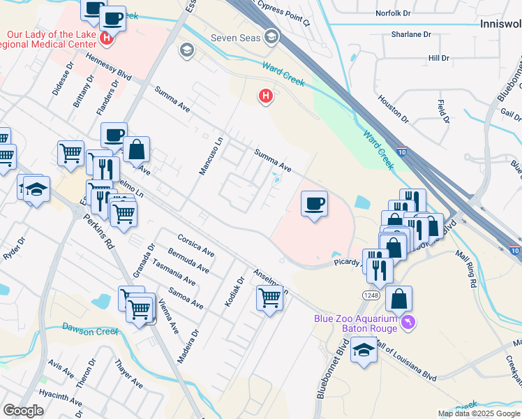 map of restaurants, bars, coffee shops, grocery stores, and more near 8335 Summa Court in Baton Rouge