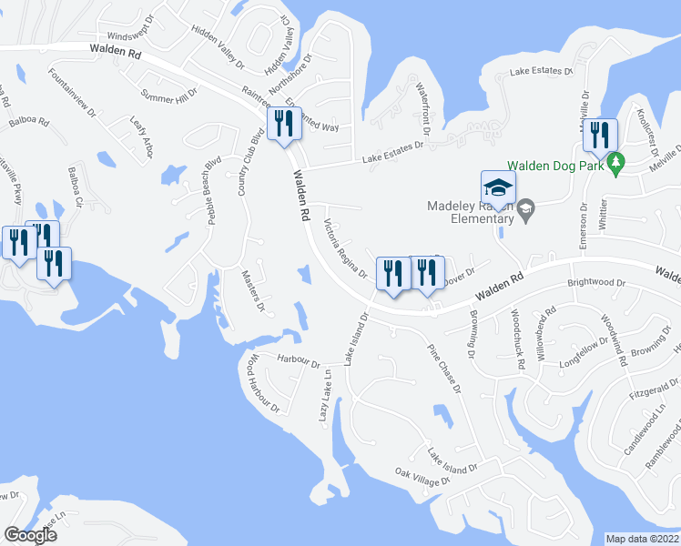 map of restaurants, bars, coffee shops, grocery stores, and more near 12934 Walden Road in Montgomery