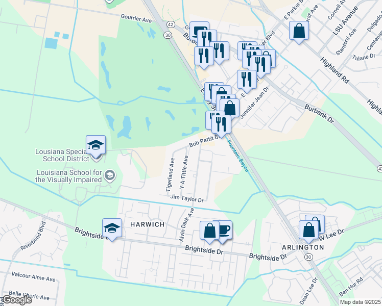 map of restaurants, bars, coffee shops, grocery stores, and more near 4515 Alvin Dark Avenue in Baton Rouge