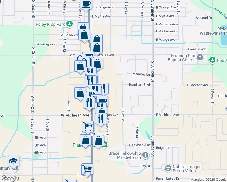 map of restaurants, bars, coffee shops, grocery stores, and more near 1145 S McKenzie St in Foley