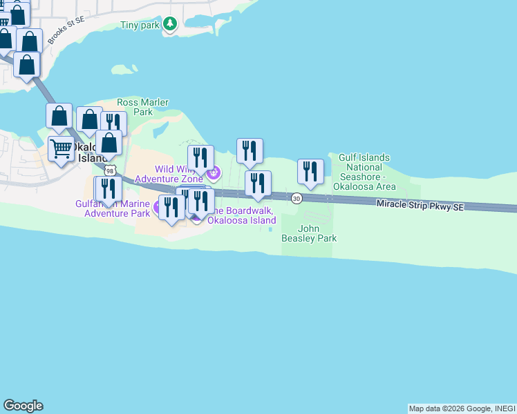 map of restaurants, bars, coffee shops, grocery stores, and more near 1515 Miracle Strip Parkway Southeast in Fort Walton Beach