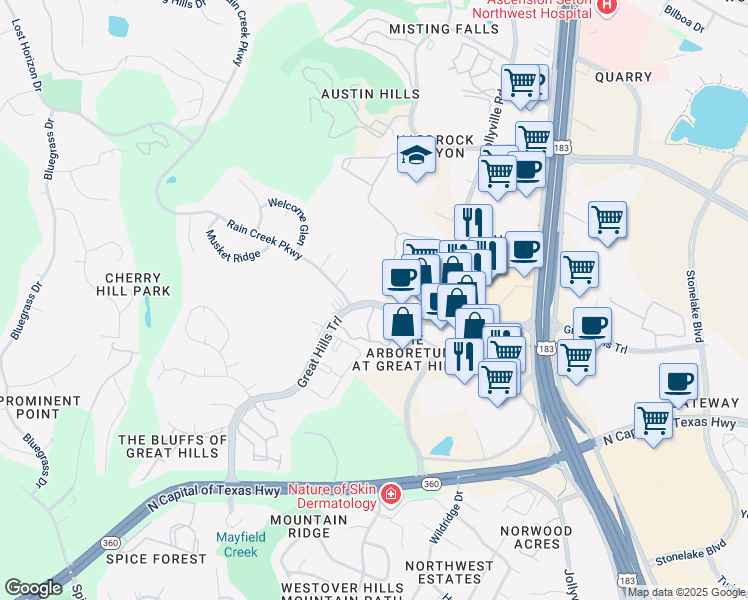 map of restaurants, bars, coffee shops, grocery stores, and more near 9600 Great Hills Trail in Austin