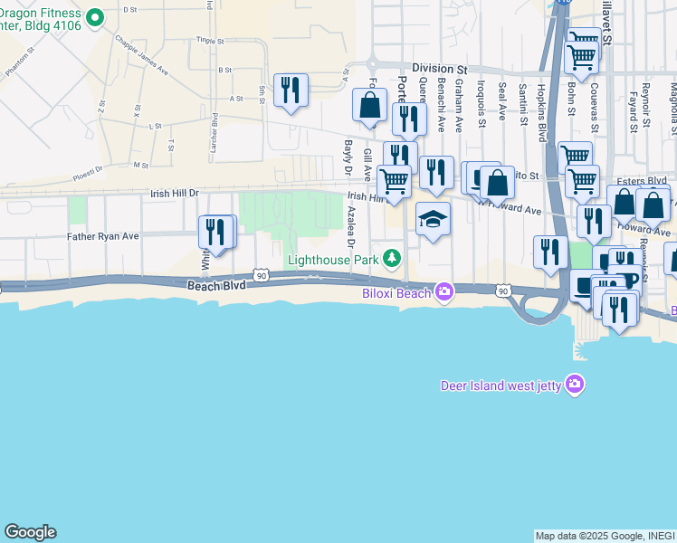map of restaurants, bars, coffee shops, grocery stores, and more near 1130 Beach Boulevard in Biloxi