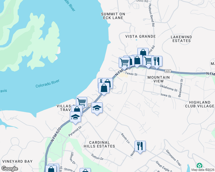 map of restaurants, bars, coffee shops, grocery stores, and more near 3400 Farm to Market 620 North in Austin