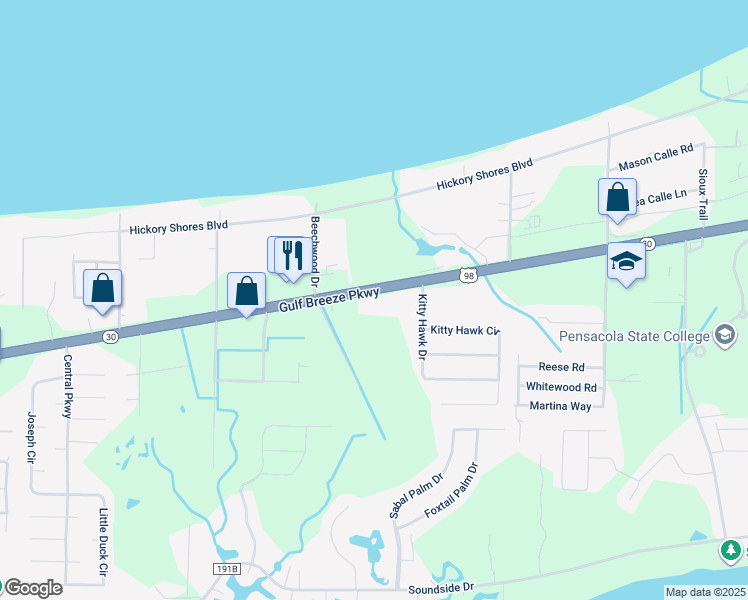 map of restaurants, bars, coffee shops, grocery stores, and more near 4657 Gulf Breeze Parkway in Gulf Breeze