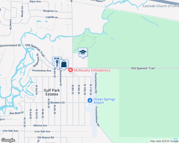 map of restaurants, bars, coffee shops, grocery stores, and more near 8700-8704 Palmetto Drive in Ocean Springs