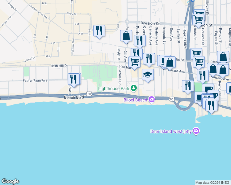 map of restaurants, bars, coffee shops, grocery stores, and more near 1130 U.S. 90 in Biloxi
