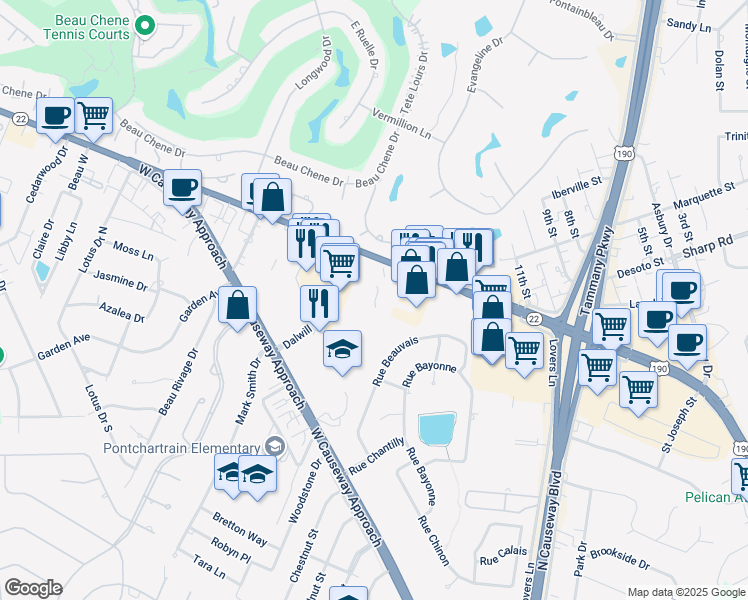 map of restaurants, bars, coffee shops, grocery stores, and more near 1342 Rue Beauvais in Mandeville