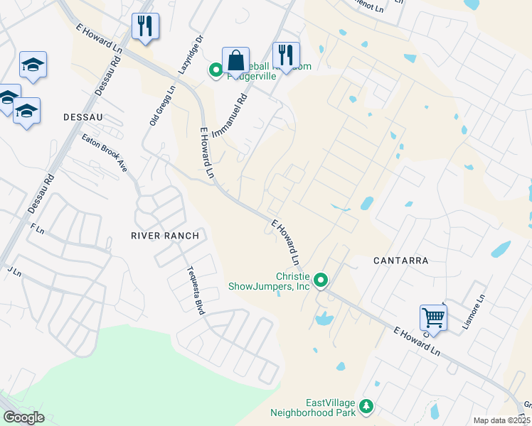 map of restaurants, bars, coffee shops, grocery stores, and more near 2601 East Howard Lane in Manor