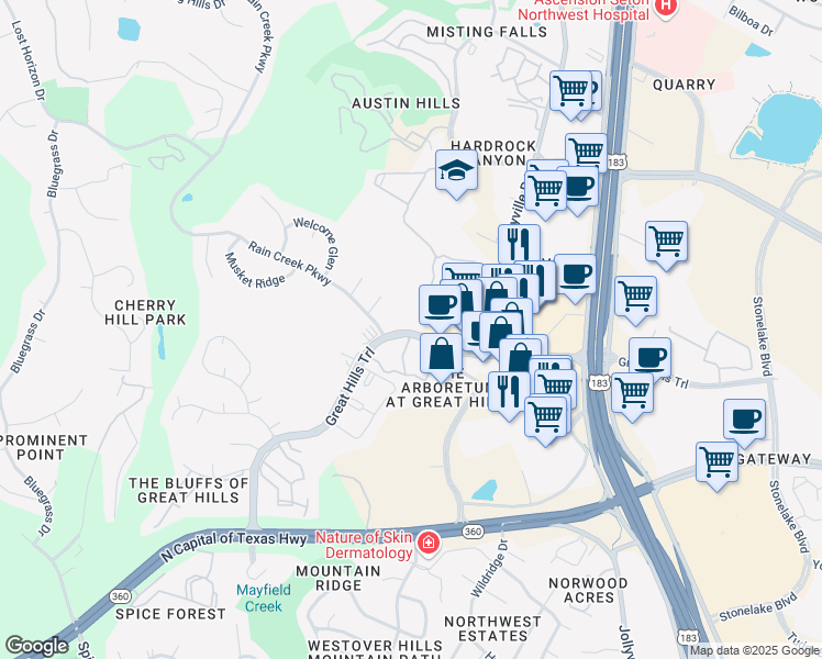 map of restaurants, bars, coffee shops, grocery stores, and more near 9617 Great Hills Trail in Austin