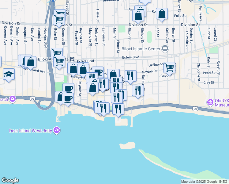 map of restaurants, bars, coffee shops, grocery stores, and more near in Biloxi