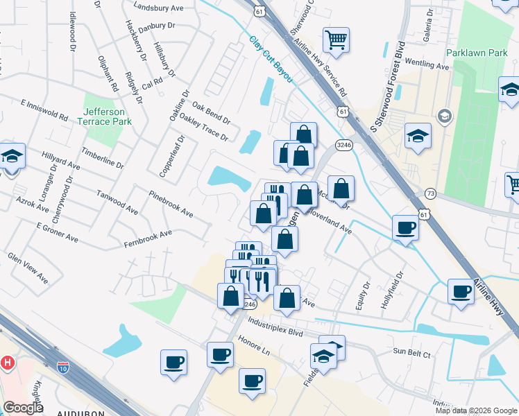 map of restaurants, bars, coffee shops, grocery stores, and more near 5960 Siegen Lane in Baton Rouge