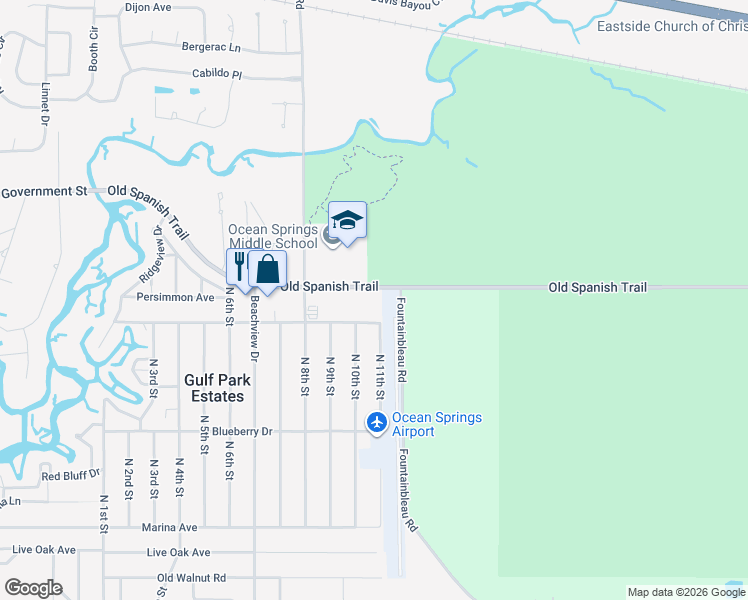 map of restaurants, bars, coffee shops, grocery stores, and more near 8700-8704 Palmetto Drive in Ocean Springs