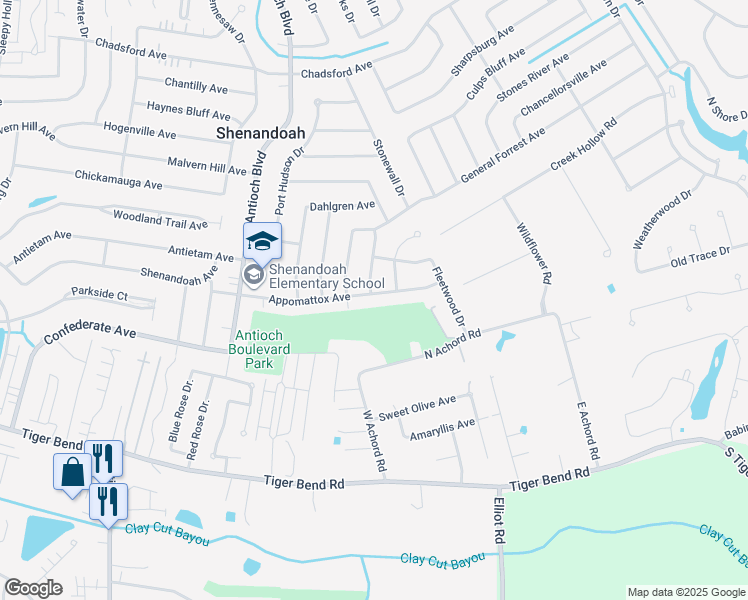 map of restaurants, bars, coffee shops, grocery stores, and more near 17012 Appomattox Avenue in Baton Rouge