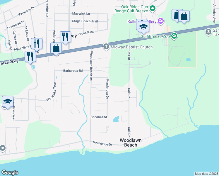 map of restaurants, bars, coffee shops, grocery stores, and more near 1624 Ponderosa Drive in Gulf Breeze