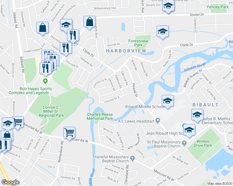 map of restaurants, bars, coffee shops, grocery stores, and more near 4526 Harbor View Drive in Jacksonville