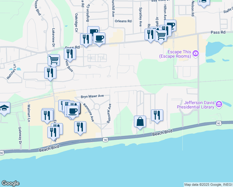map of restaurants, bars, coffee shops, grocery stores, and more near 151 Grande View Drive in Biloxi