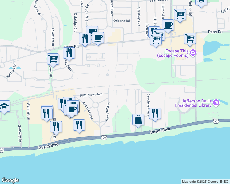 map of restaurants, bars, coffee shops, grocery stores, and more near 151 Grande View Drive in Biloxi