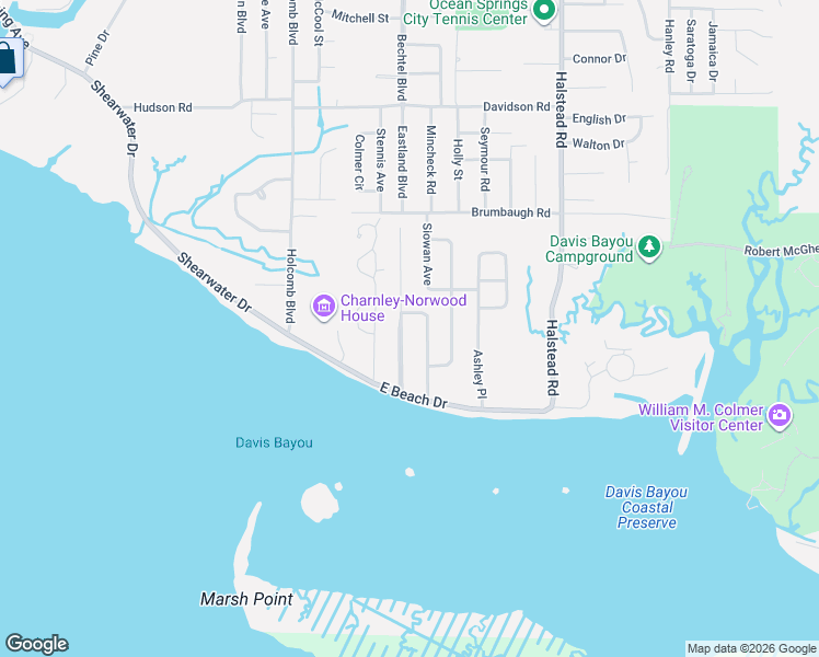 map of restaurants, bars, coffee shops, grocery stores, and more near 109-111 Watersedge Drive in Ocean Springs