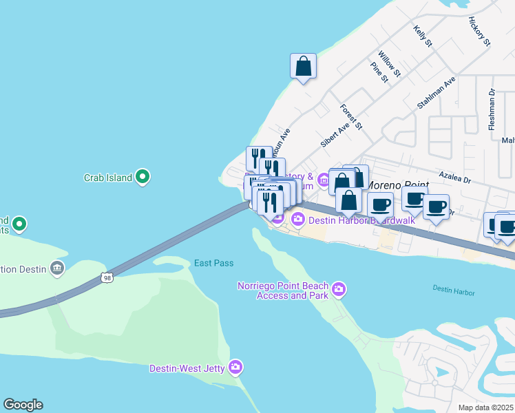 map of restaurants, bars, coffee shops, grocery stores, and more near 2 Harbor Boulevard in Destin