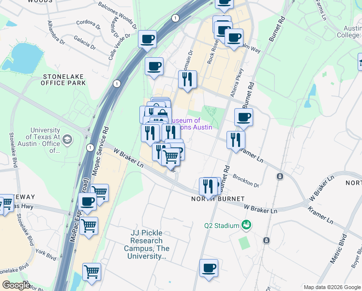 map of restaurants, bars, coffee shops, grocery stores, and more near 11401 Burnet Road in Austin