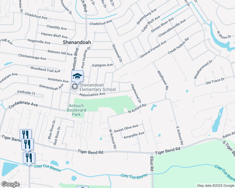 map of restaurants, bars, coffee shops, grocery stores, and more near 17012 Appomattox Avenue in Baton Rouge