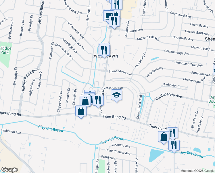 map of restaurants, bars, coffee shops, grocery stores, and more near 15023 Shenandoah View Court in Baton Rouge