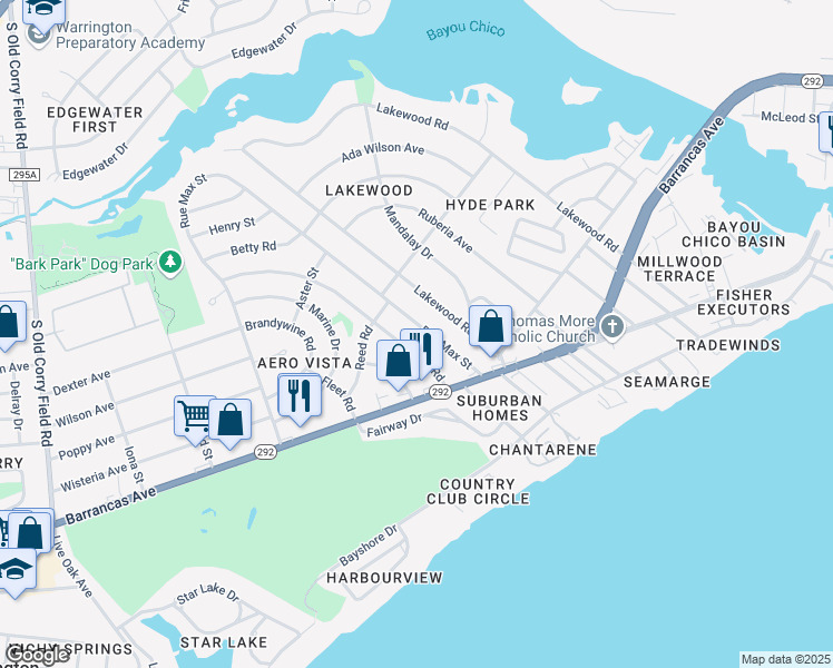 map of restaurants, bars, coffee shops, grocery stores, and more near 12 Milton Road in Pensacola