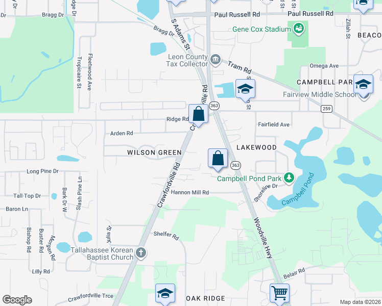 map of restaurants, bars, coffee shops, grocery stores, and more near 3805 Crawfordville Rd in Tallahassee