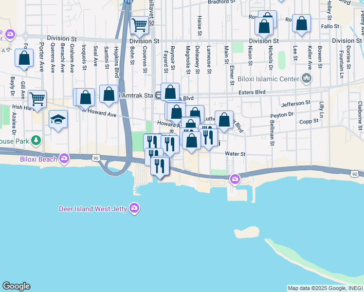map of restaurants, bars, coffee shops, grocery stores, and more near 120 Reynoir St in Biloxi