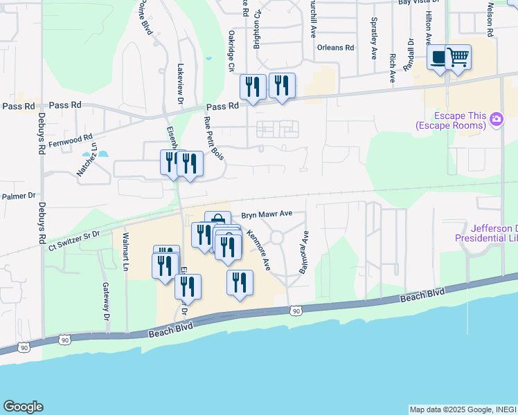 map of restaurants, bars, coffee shops, grocery stores, and more near 180-198 Edgewater Drive in Biloxi