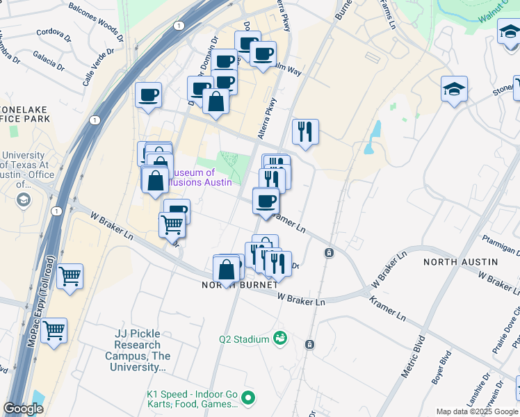 map of restaurants, bars, coffee shops, grocery stores, and more near 11005 Burnet Road in Austin