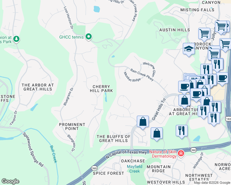 map of restaurants, bars, coffee shops, grocery stores, and more near 9228 Knoll Crest Loop in Austin
