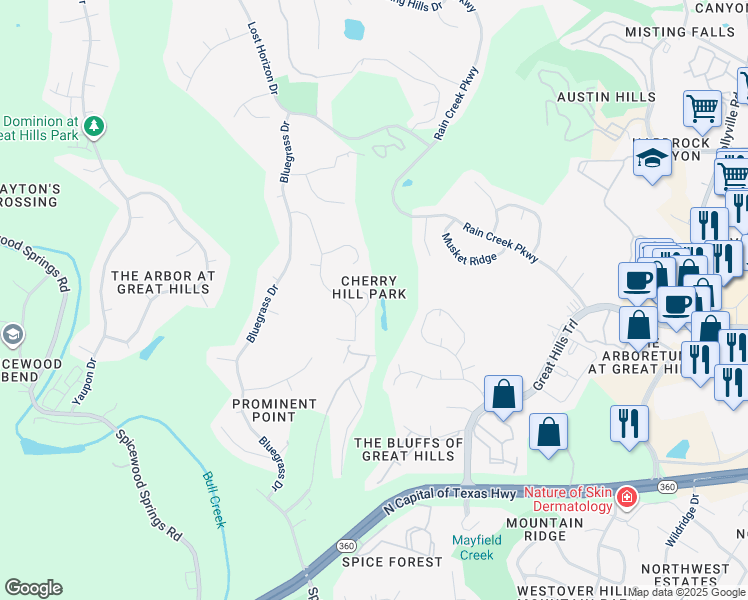 map of restaurants, bars, coffee shops, grocery stores, and more near 9201 Simmons Road in Austin