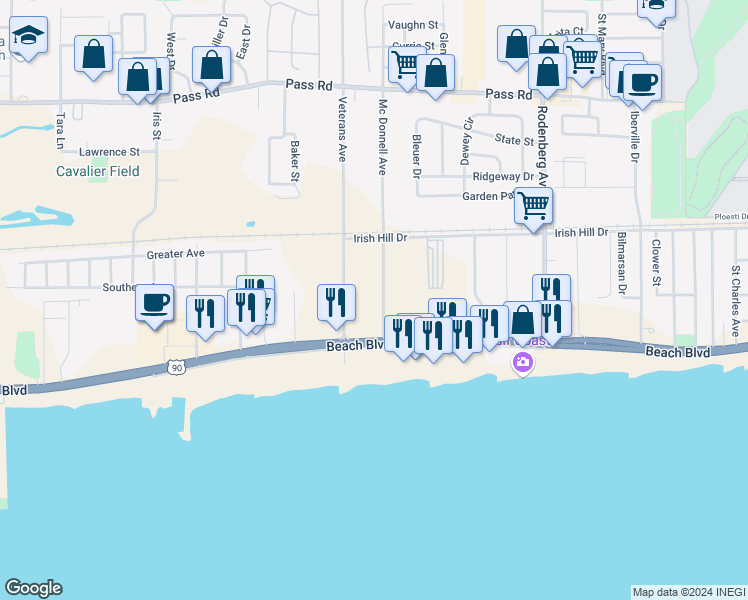 map of restaurants, bars, coffee shops, grocery stores, and more near 139 McDonnell Avenue in Biloxi