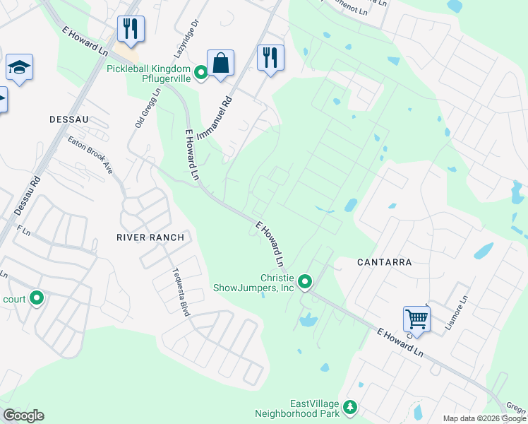 map of restaurants, bars, coffee shops, grocery stores, and more near 2601 East Howard Lane in Manor