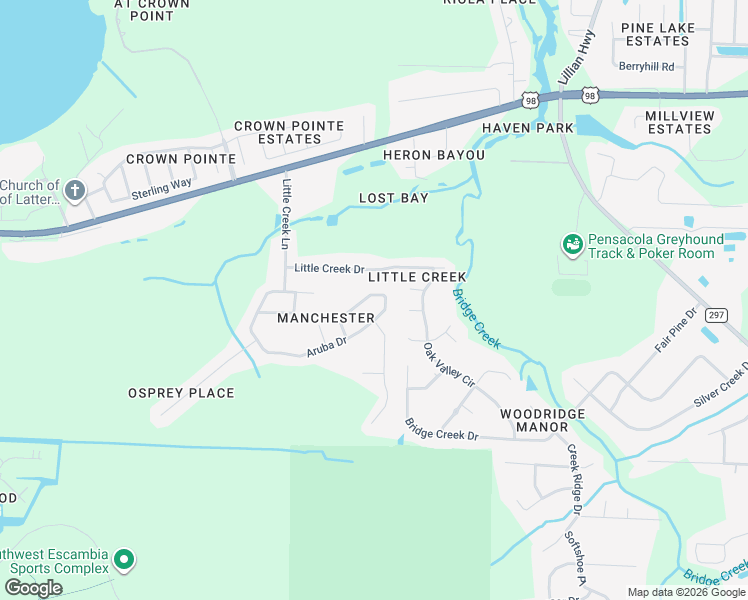 map of restaurants, bars, coffee shops, grocery stores, and more near 11663 Aruba Drive in Pensacola