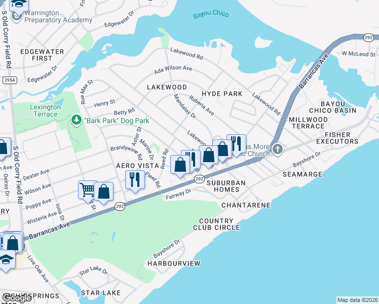 map of restaurants, bars, coffee shops, grocery stores, and more near 113 Rue Max Street in Pensacola