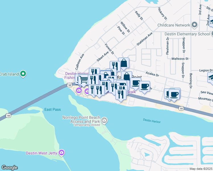 map of restaurants, bars, coffee shops, grocery stores, and more near 172 Harbor Boulevard in Destin