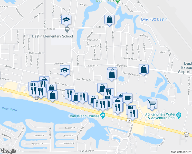 map of restaurants, bars, coffee shops, grocery stores, and more near 209 Bent Arrow Drive in Destin