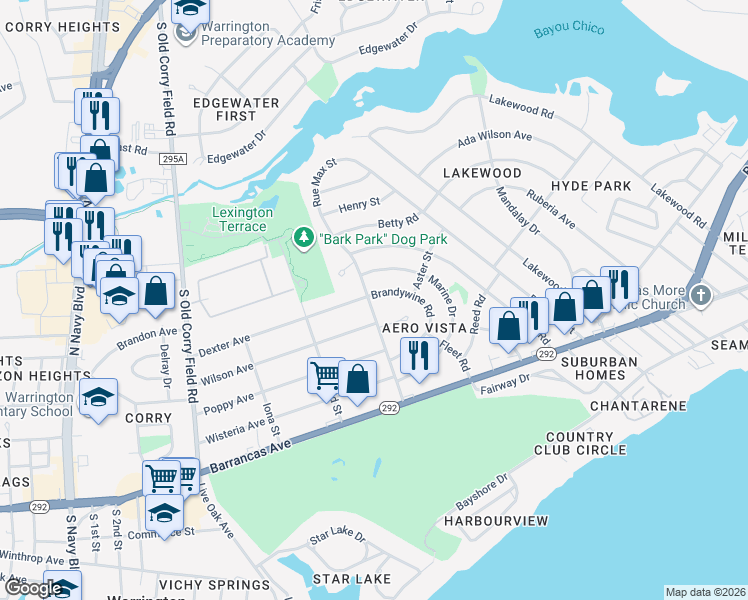 map of restaurants, bars, coffee shops, grocery stores, and more near 217 Brandywine Road in Pensacola