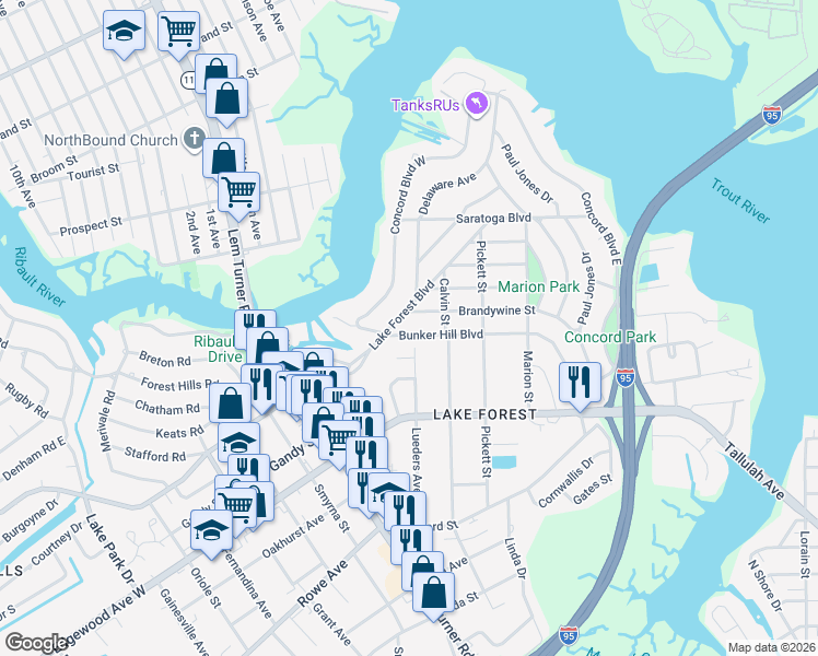 map of restaurants, bars, coffee shops, grocery stores, and more near 1161 Bunker Hill Boulevard in Jacksonville