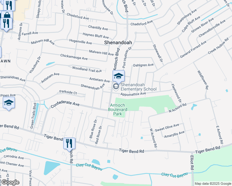 map of restaurants, bars, coffee shops, grocery stores, and more near 16555 Appomattox Avenue in Baton Rouge