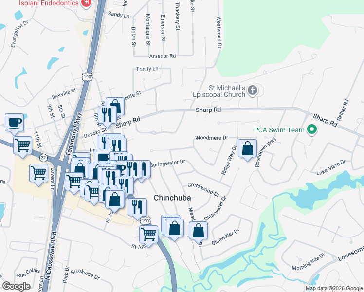 map of restaurants, bars, coffee shops, grocery stores, and more near 1388 Stillwater Drive in Mandeville