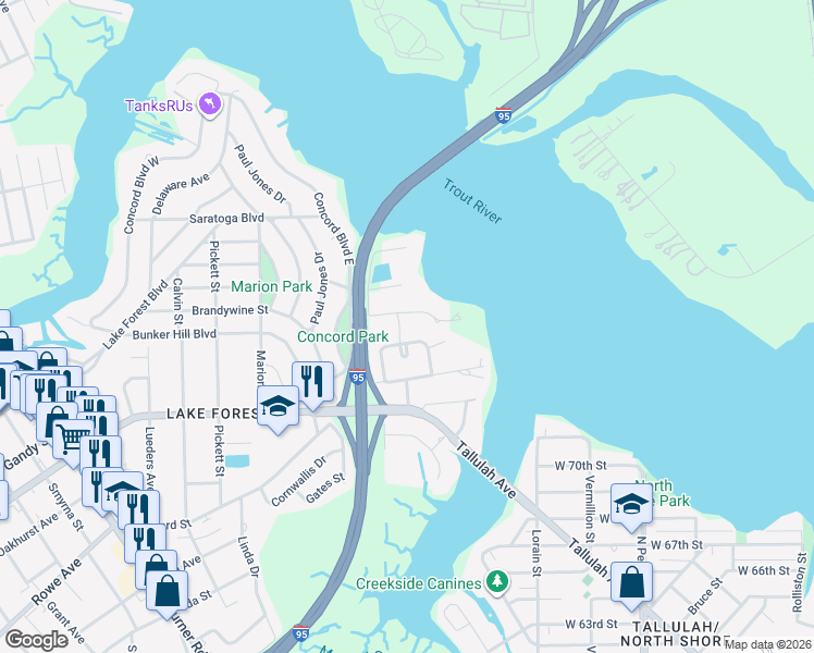 map of restaurants, bars, coffee shops, grocery stores, and more near 629 Appian Way in Jacksonville