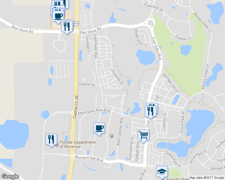 map of restaurants, bars, coffee shops, grocery stores, and more near 3789 Overlook Drive in Tallahassee
